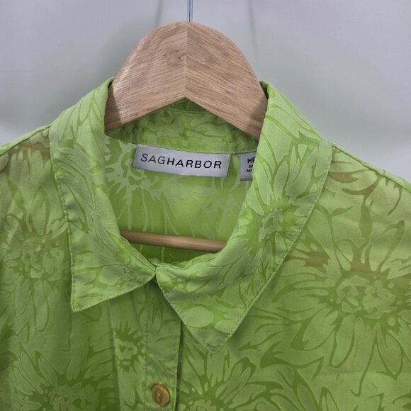 Sag Harbor Lime Green Floral Button Up Sheer Cotton/Poly Blend Medium - Picture 4 of 11